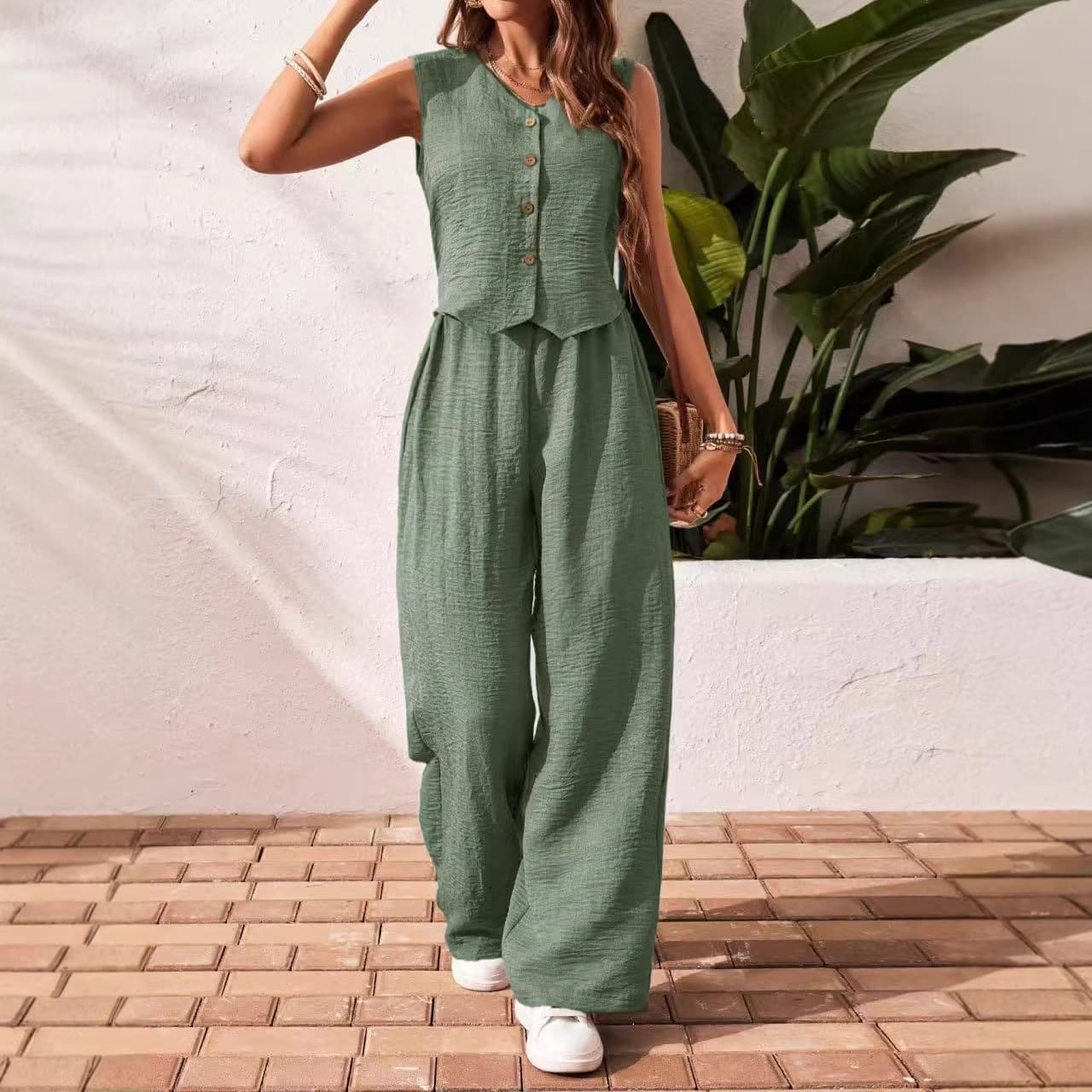 2025 Amazon Cross-Border EU/US Linen Summer Casual Commute Front Button Vest and Pants Set V-Neck Vest