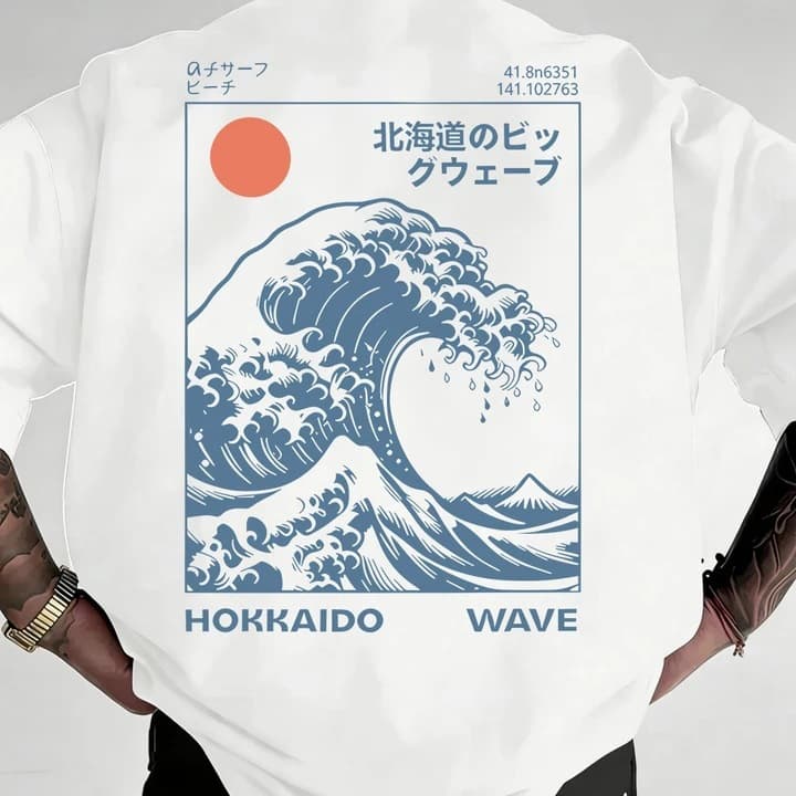 Pure Cotton Short Sleeve T-Shirt Men's T-Shirt Hokkaido Basic Print Japanese T-Shirt o Cotton Soft Summer Collar Short Sleeve