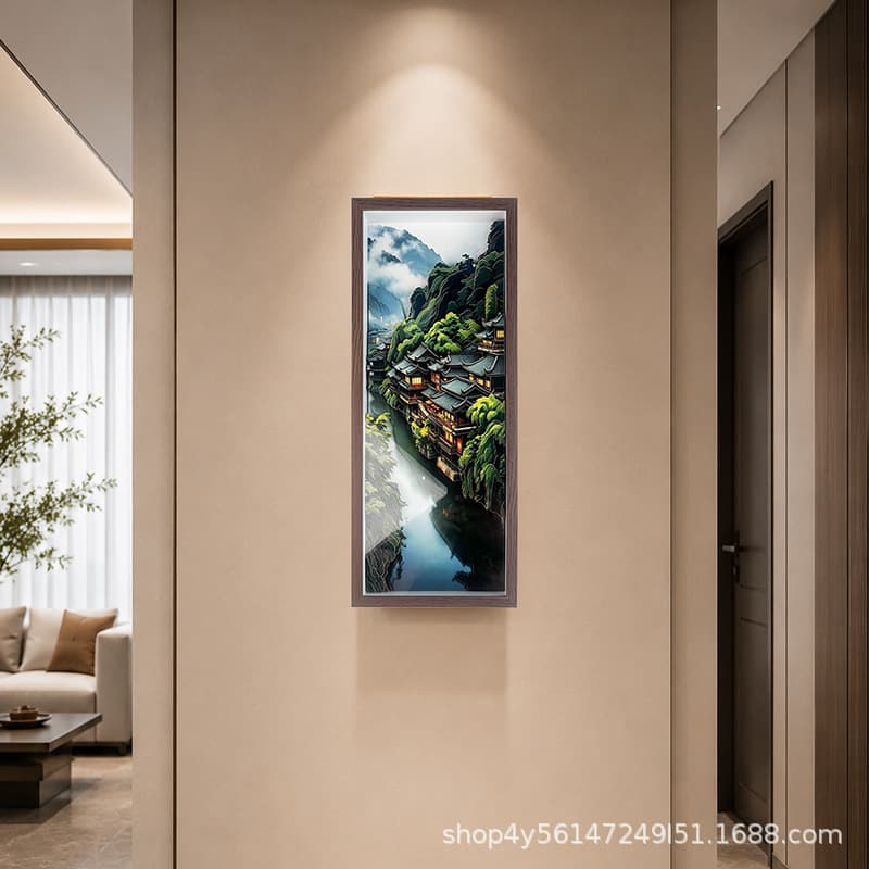 New Chinese Style Long 3D Paper Carving Green Mountains Paper Clouds Waterside Stilted Houses Landscape Layered Paper Cut Frame