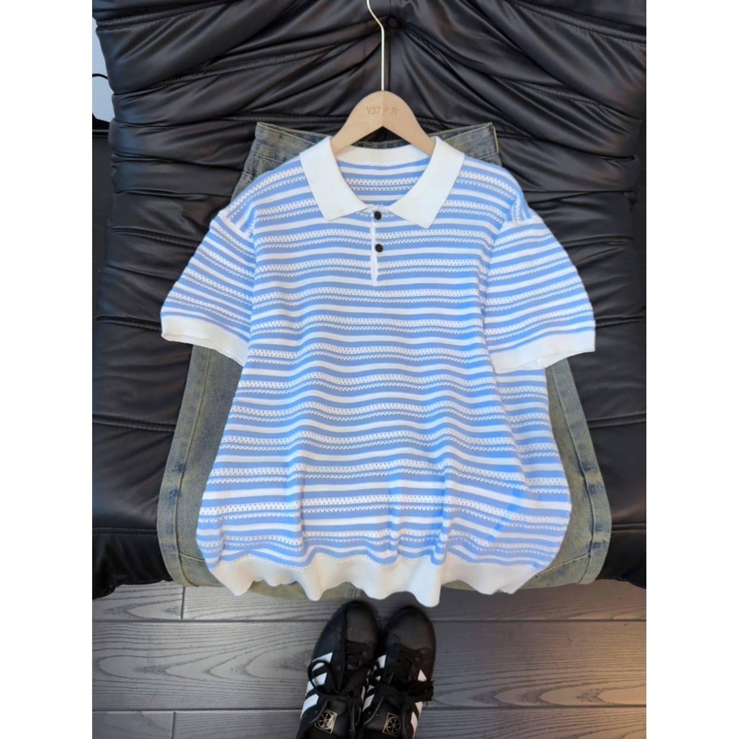American retro blue and white striped knitted POLO shirt for men, summer husband-like wear, hollow breathable short-sleeved T-shirt