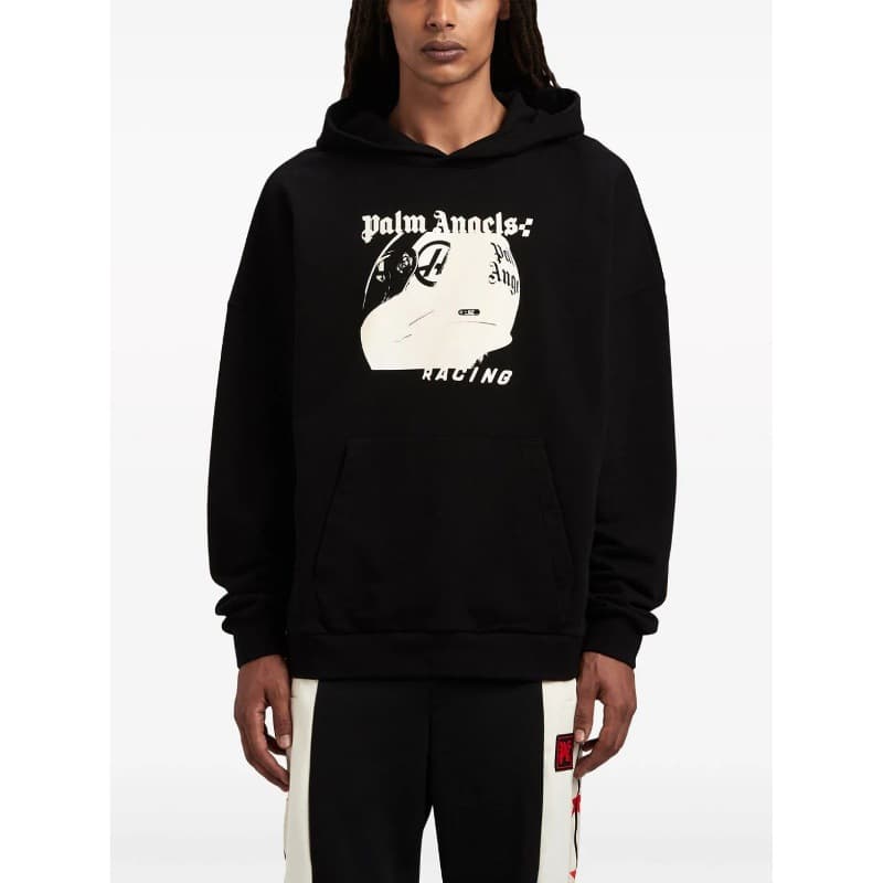Palm Angels PA Racing Helmet Print Hoodie, American Streetwear Casual Men's Sweatshirt