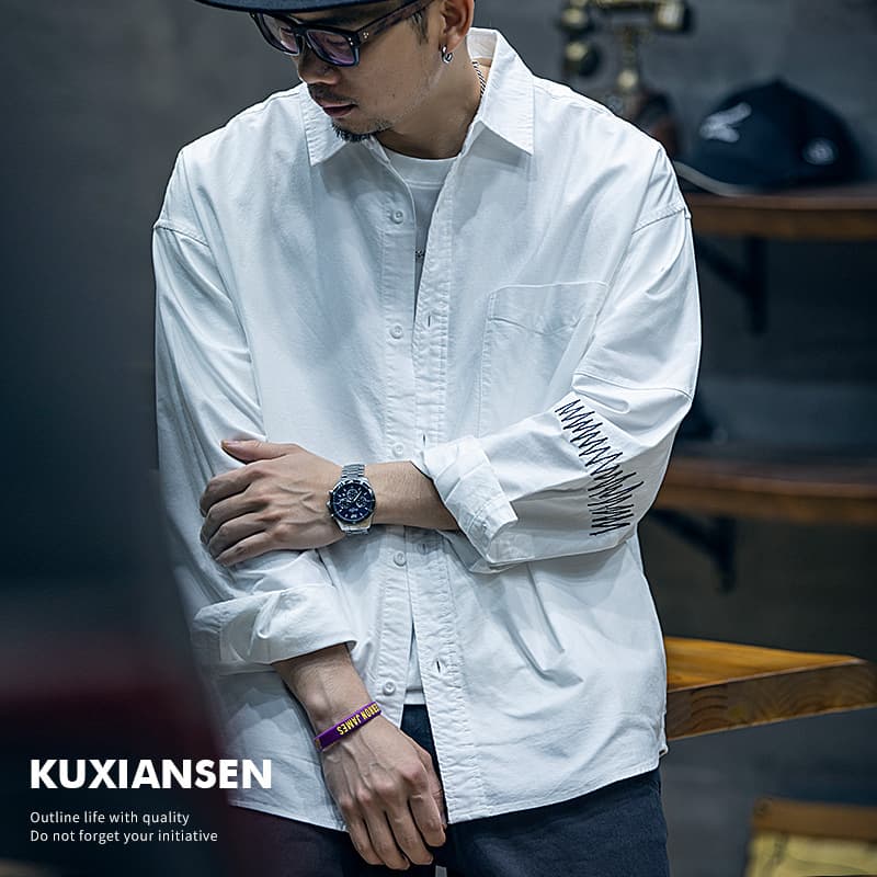 Autumn Design American White Long Sleeve Shirt Men's Streetwear Plus Size Casual Shirt Jacket Fall Clothing