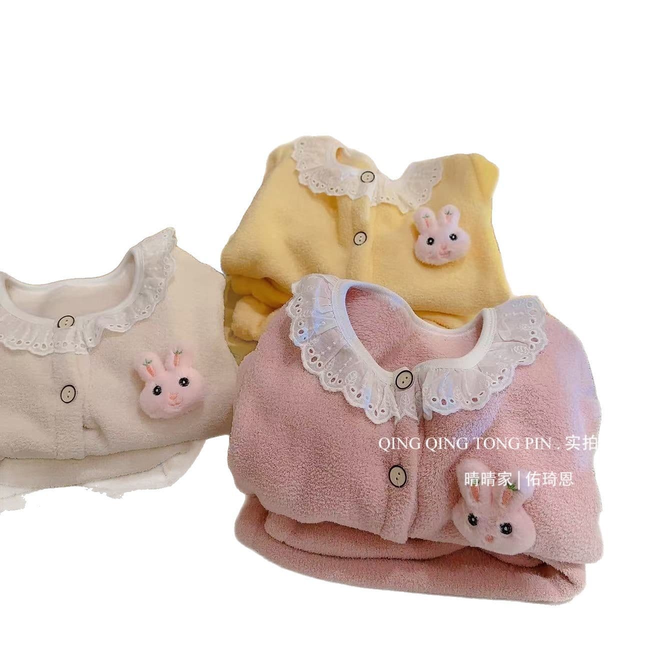 [Warm Winter Sun] Lace-Trimmed Kids' Homewear Set for Girls, Autumn/Winter, Lace Round Neck Casual Two-Piece