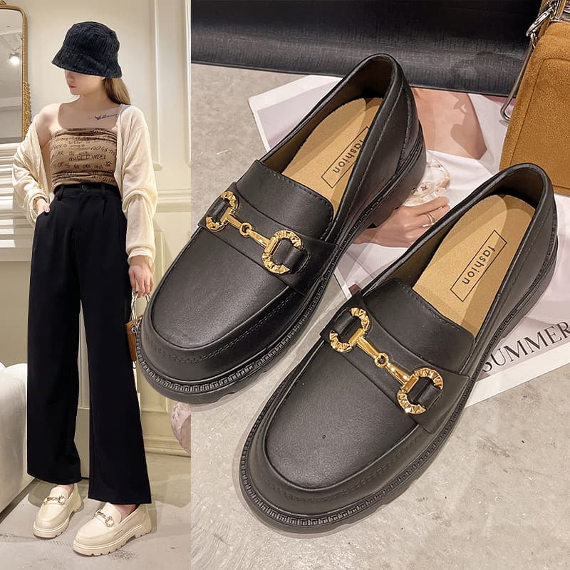 Women's Loafers British Style Slip-On Flat Comfortable Versatile Black Loafers Soft Sole Heel Bean Shoes