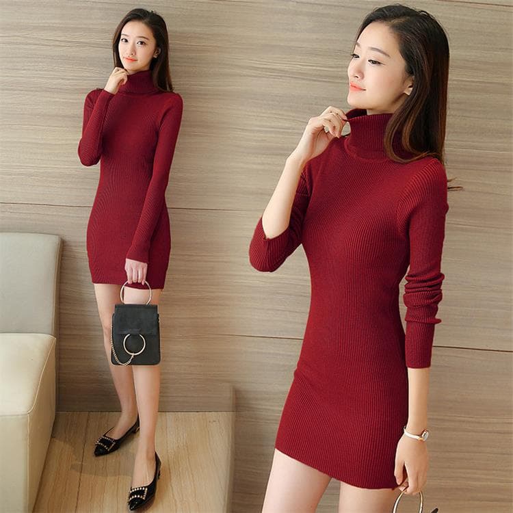 Women's High Neck Mid-Length Knit Sweater for New Year, Sexy Fitted Bodycon Dress