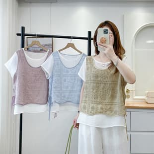 2026 Summer Plus Size Women's Two-Layer Casual Top, Color Block Short Sleeve T-Shirt, Slimming Embroidered Blouse for Full-Figured Women, Style 841