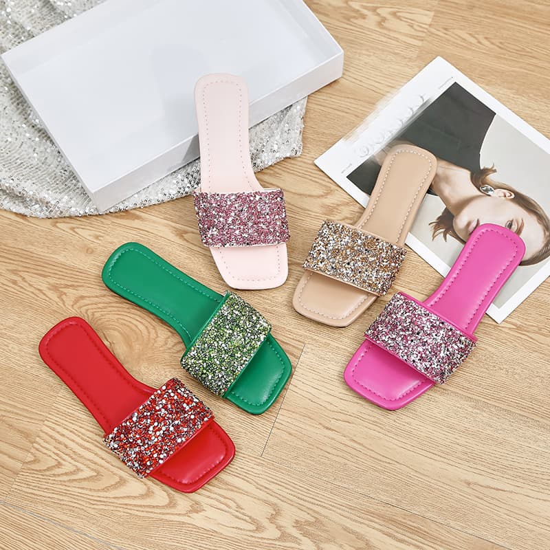 2023 new foreign trade large size fashionable candy-colored sequined soft-soled one-strap casual flat-soled outdoor beach shoes