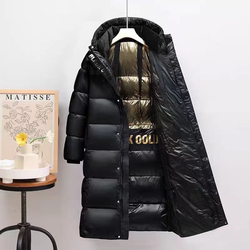 Black gold long hooded down jacket for men and women, thickened and warm women's couple coat, winter outdoor bread coat