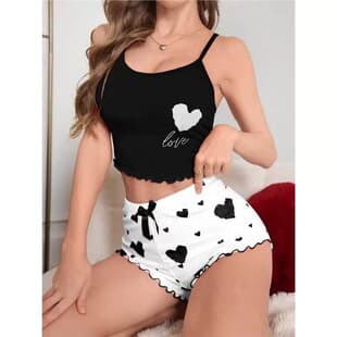Cross-border Love Print Camisole Women's Pajamas Summer Two-Piece Set Sleepwear, Wearable Out Ribbed Shorts Set