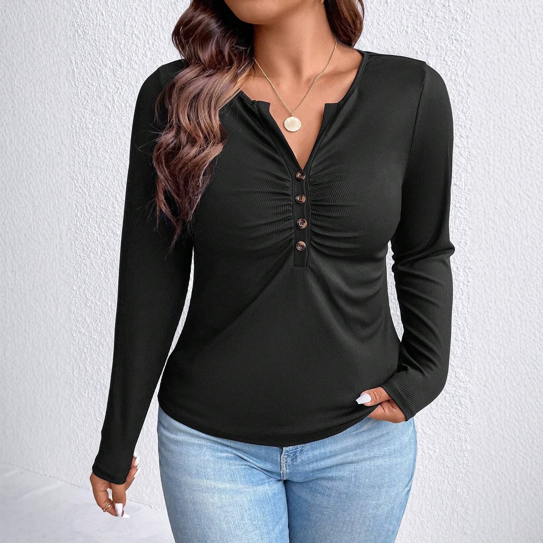 Cross-Border Plus Size Women's New Long-Sleeve Top Autumn Small V-Neck Ruched Slimming Versatile Basic T-Shirt
