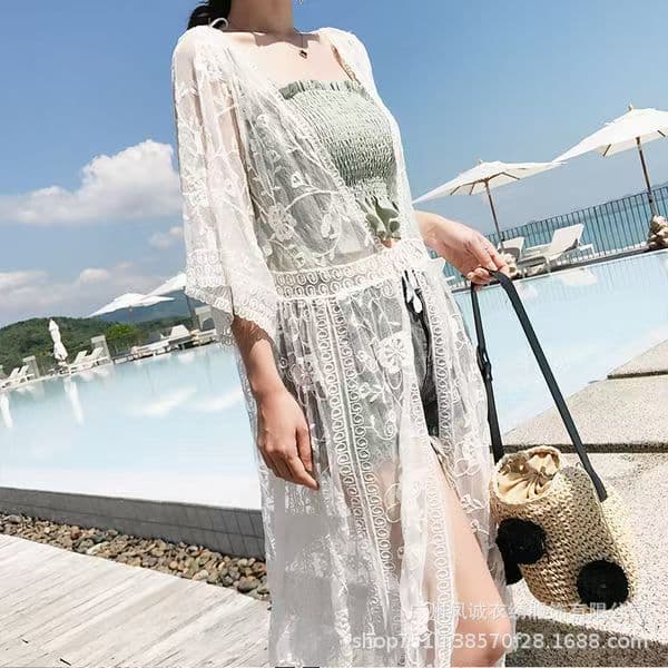 Seaside Travel Sun Protection Clothing for Women Summer Korean Style Loose Mid-Length Hollow Outer Lace Cardigan Jacket for Women