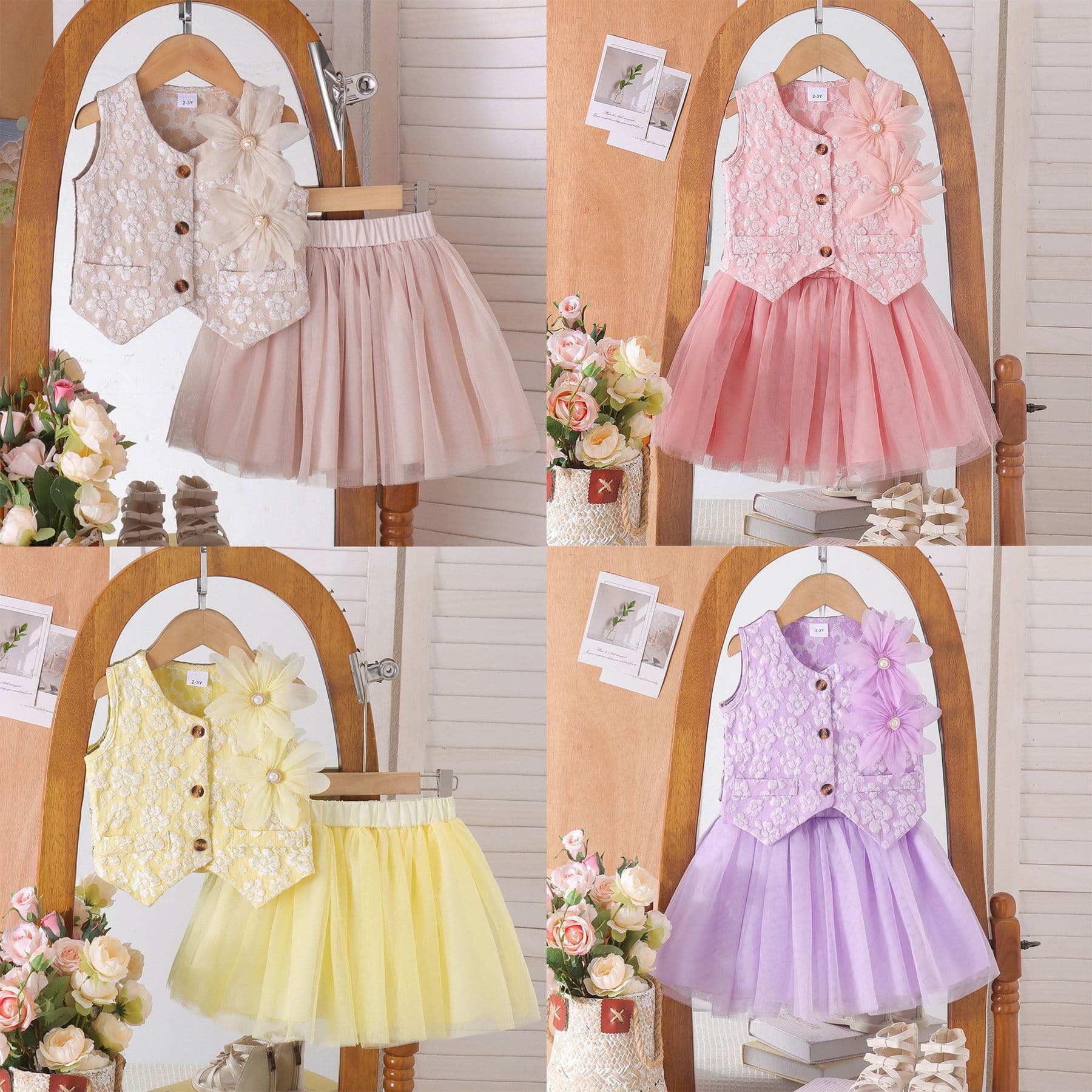 Kids Clothing Cross-border New European American Summer Girls Floral Blazer Mesh Skirt Set Wholesale