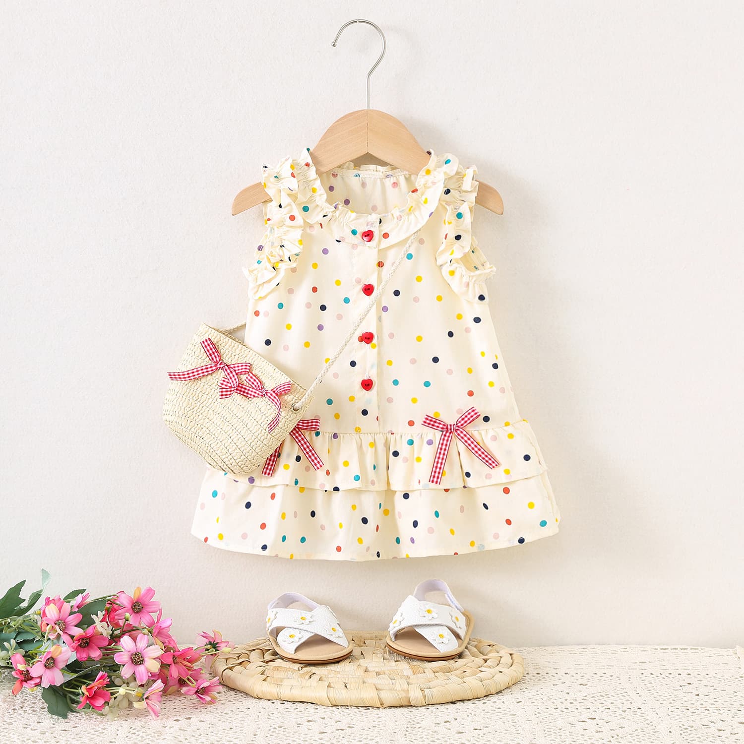 1742 Summer New Full-Color Dot Cotton Dress Girls Cute Dress with Butterfly Bow Bamboo Basket Bag