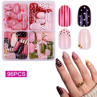 Premium Press-On Nails, European-American Style, 96-Piece Solid Color Polka Dot Stripe French White Edge Polka Dot Fake Nails Wholesale