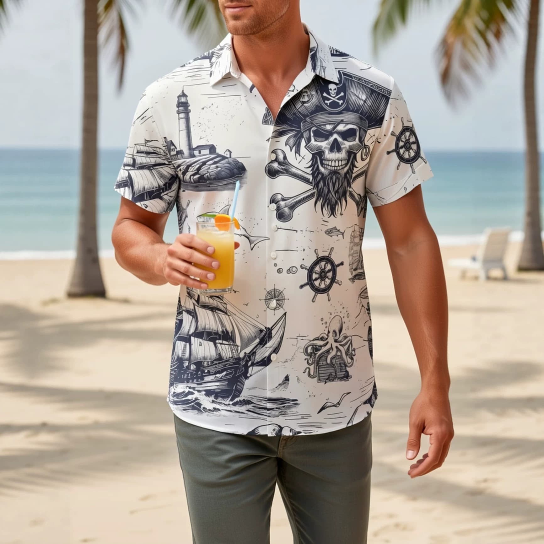 European and American cross-border popular men's pirate print short-sleeved shirt summer casual street fashion men's shirt