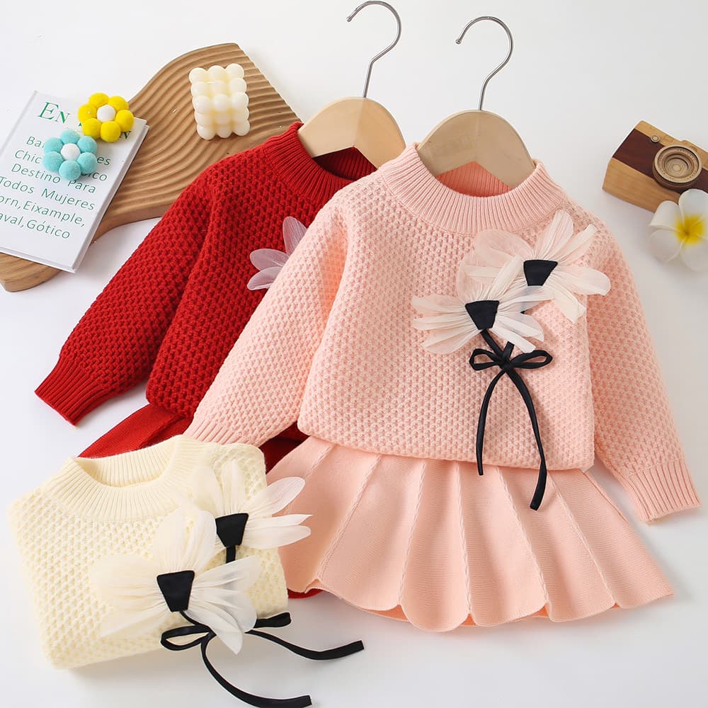 Children's Sweater for Baby Girls Autumn Winter New Style Flower Long Sleeve Knit Top Korean Fashionable Girl Dress Set