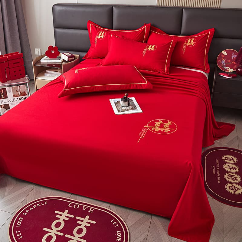 Wedding Bed Sheet Single Piece in Bright Red, Festive Wedding Red Duvet Cover, Festive Bride's Three-Piece Set, Bride's Dowry