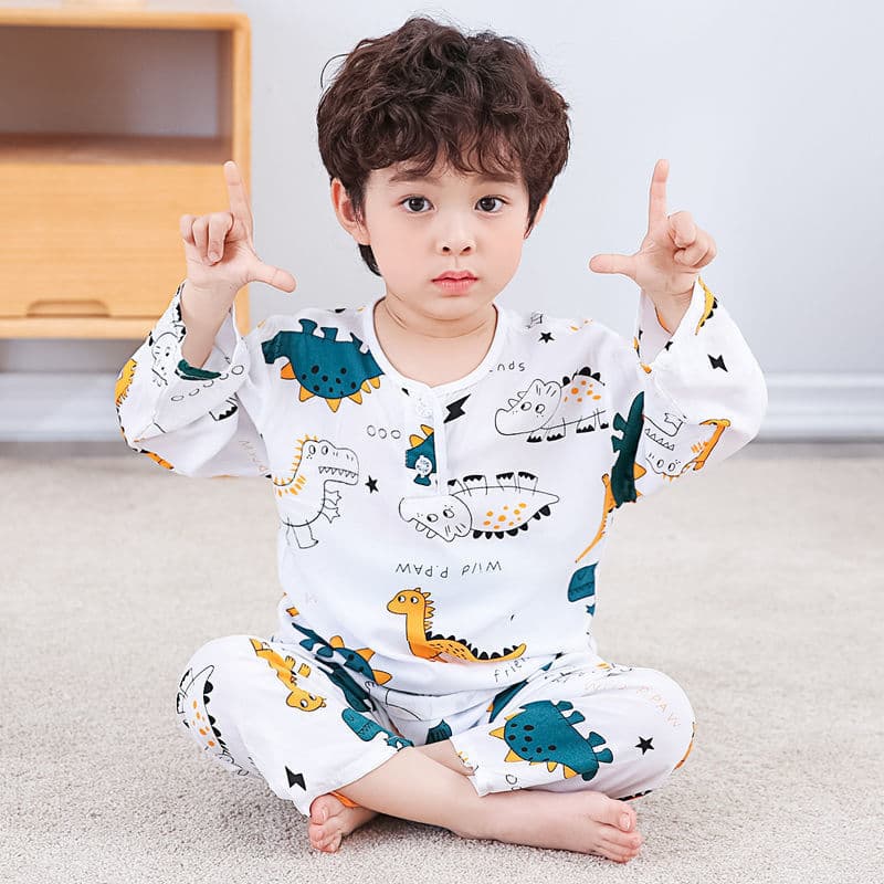 Children's Cotton Silk Pajamas Thin Summer Long Sleeve Boys Cotton Silk Air Conditioning Home Wear Girls Sets