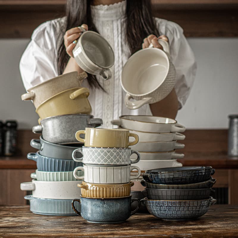 Vintage Double-Ear Ceramic Bowl Noodle Bowl Yogurt Bowl Round Vegetable Bowl Soup Bowl Japanese Style Tableware Wholesale Kiln Transformation