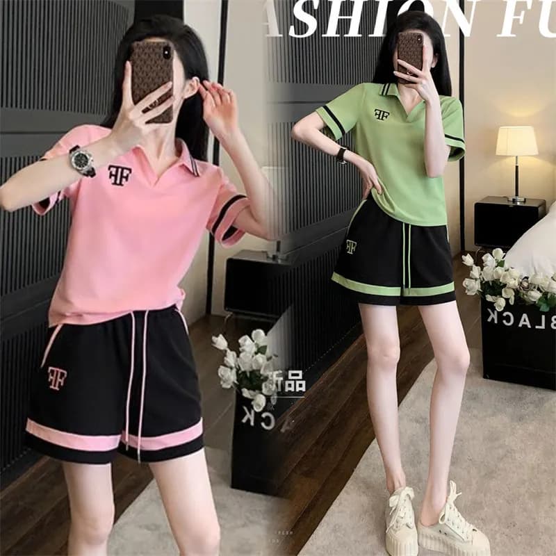 Women's Summer Fashion Sportswear Set: Trendy Age-Defying Polo Neck Short Sleeve Shorts Running Suit Two-Piece Set