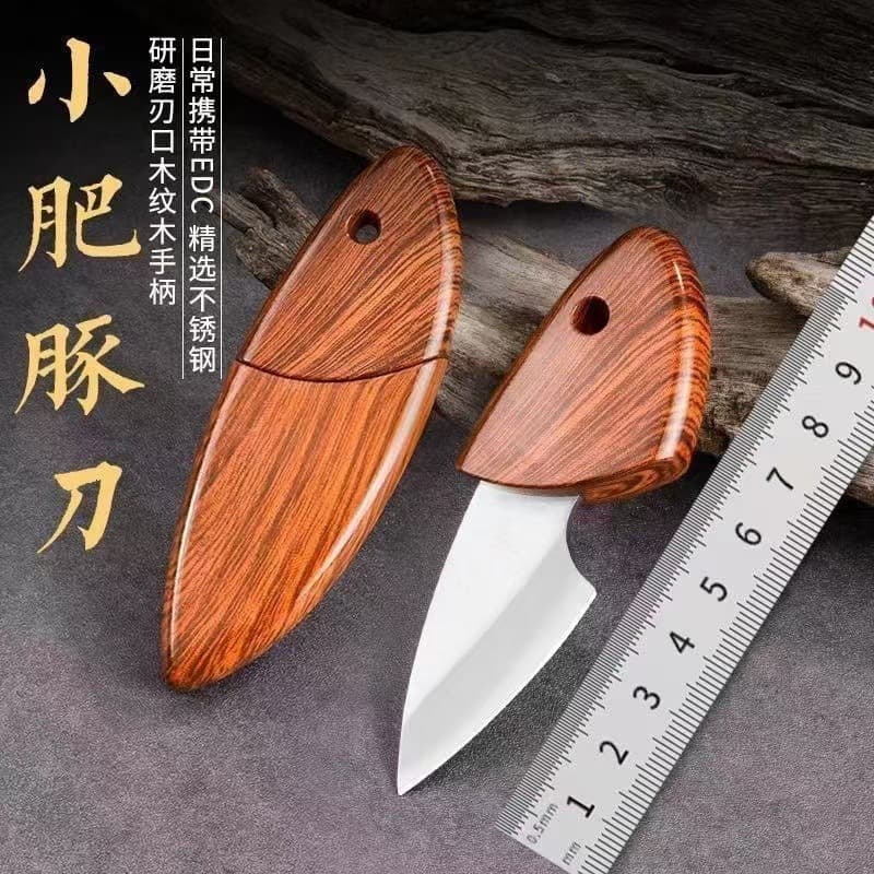 Little Fat Pig Mini Knife - Multi-functional Parcel Unfolding and Fruit Cutting Knife, Stainless Steel Wood Grain Collectible Portable Camping Knife