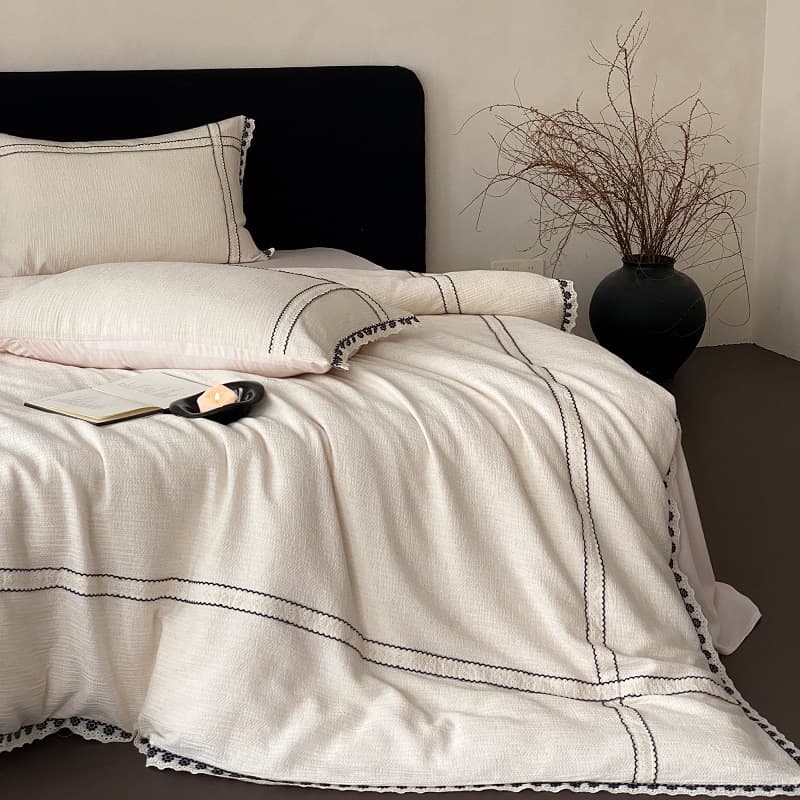 Light Luxury Retro Cotton Linen 3D Textured Jacquard Embroidered Lace Bedding 4-Piece Set for Girls