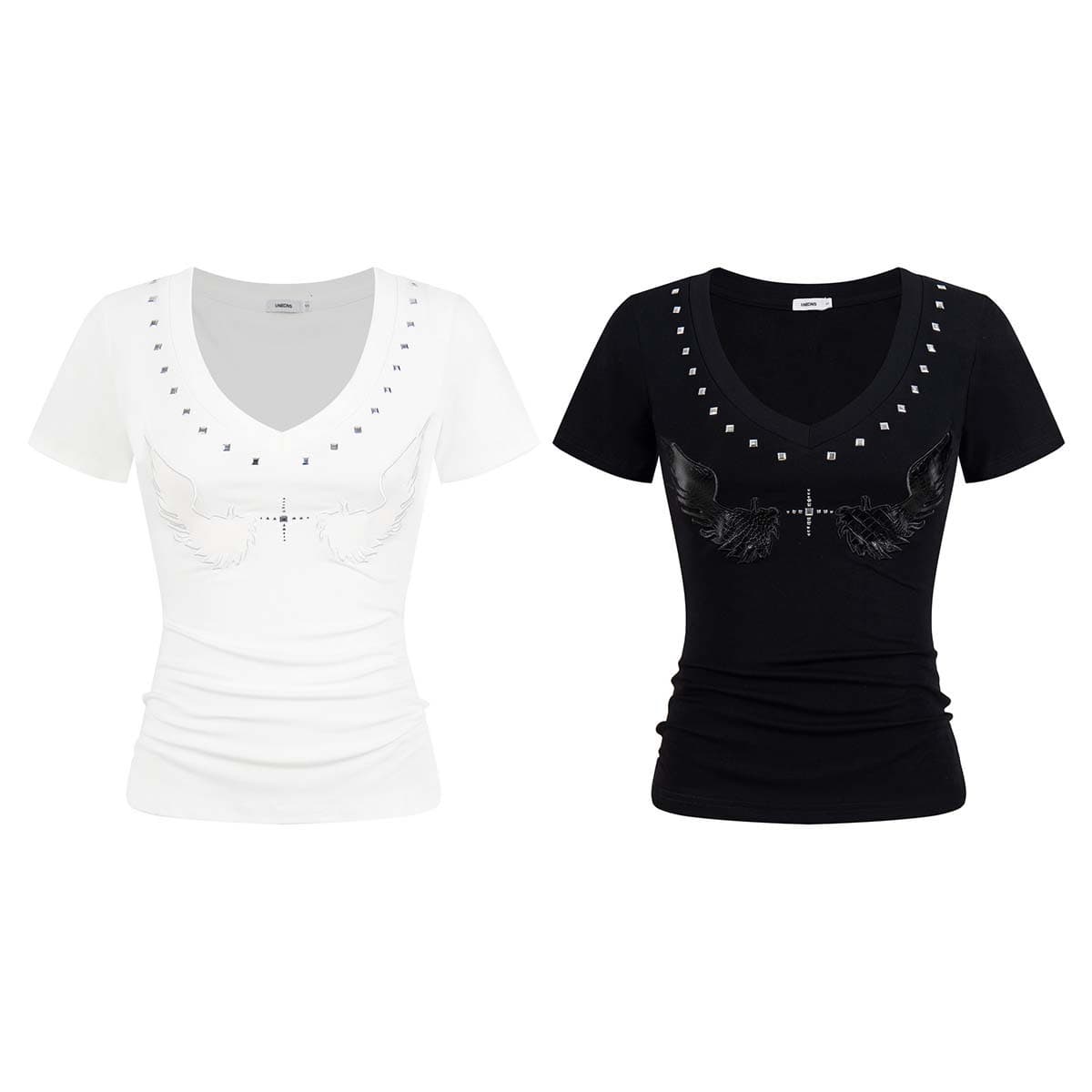 UNBDNS Short Sleeve T-Shirt Women 2026 New Trendy Black Slim Fit V-Neck Rhinestone Design Top Summer