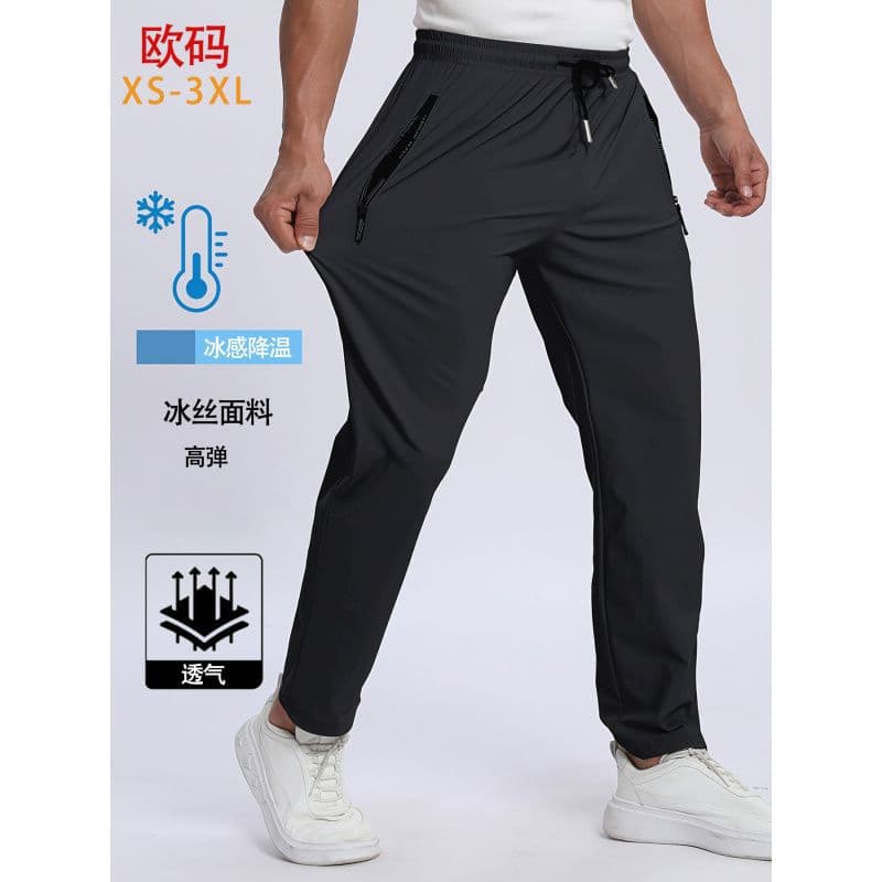 European Size Ice Silk Men's Summer Thin Quick-Dry Sports Pants Loose Air Conditioning Pants Straight Leg Cuffed Casual Long Pants