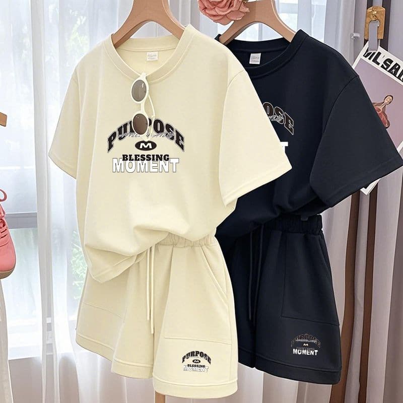 Casual Sport Set for Women, Loose Plus Size Printed Short Sleeve and Shorts Two-Piece, Ins Versatile Wearable Homewear