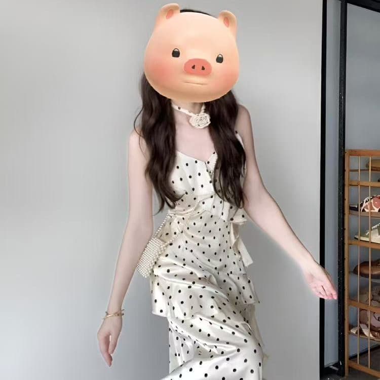 Flower polka dot suspender dress for women in summer French cross-border new style waist slimming pure lust style ruffle skirt