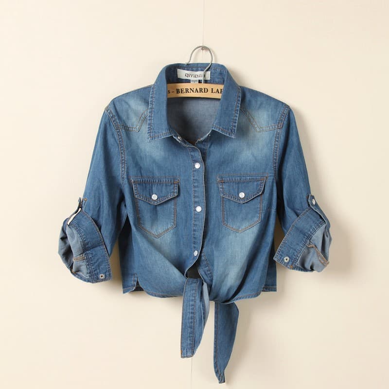 AliExpress cross-border spring and autumn new style lace-up knotted mid-sleeve small shawl denim shirt for women Korean style women's short coat