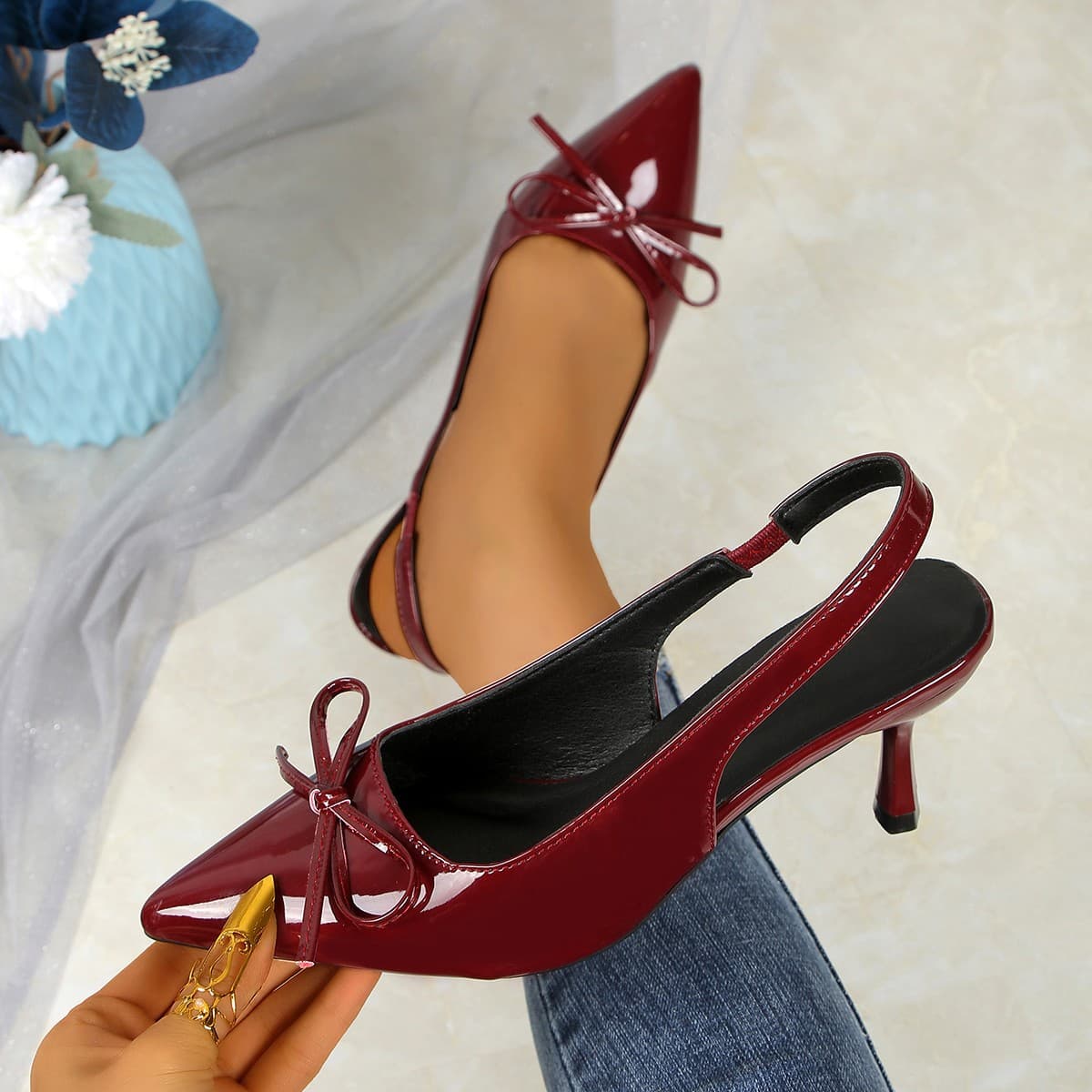 Cross-border Large Size High Heel Shoes for Women 2026 New Pointed Toe Thin Heel Back Strap High Heel Sandals Bow Toe-Cover Women's Shoes