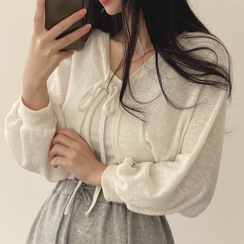 Niche Official Image Air-Conditioning Cardigan with Tie Belt, Short Length, Versatile Lantern Sleeve, Sun Protection, Thin Cardigan Jacket for Women Summer