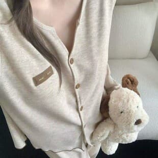 Korean Solid Color 2026 Spring Autumn New Women Simple V-Neck Open Front Rolled Hem Warm Student Wearable Out Pajamas Homewear