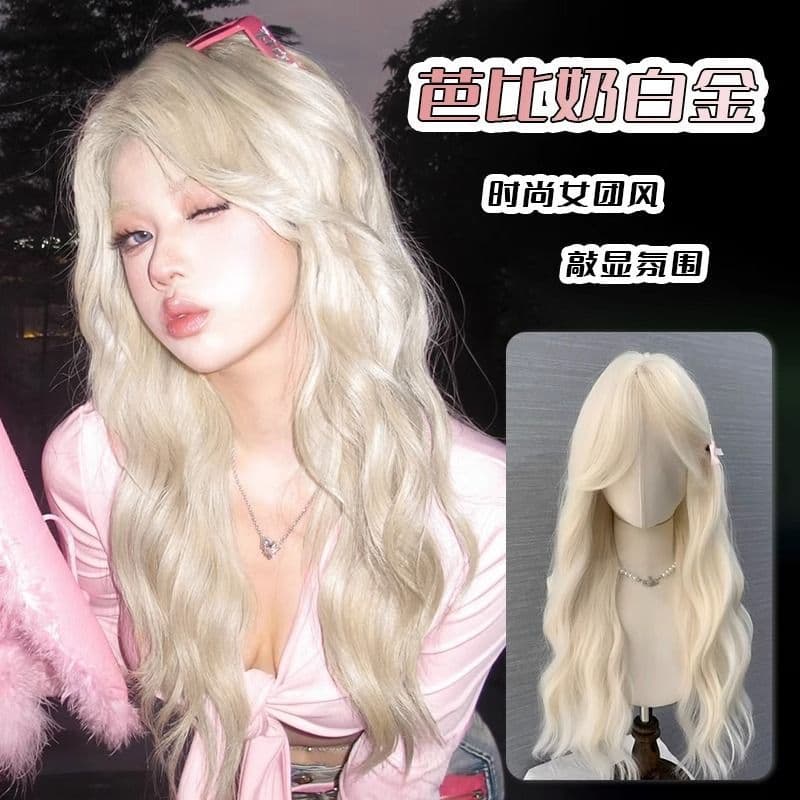 Sweet Style Long Hair Wig for Women Milk White Gold Color Water Wave Middle Parting Eight Character Long Curls Full Head Cover