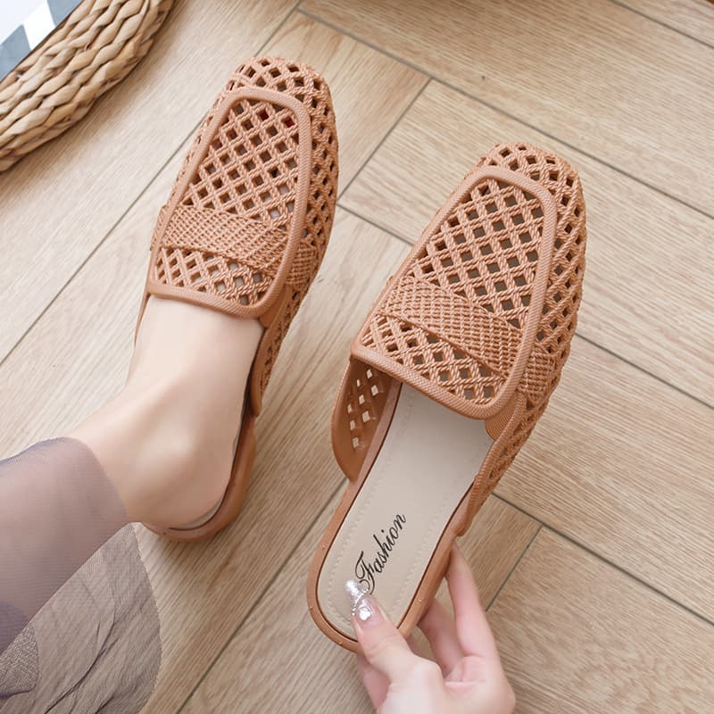 2025 New Women's Flat Sandals Open-Toe Summer Fashionable Half Slippers Solid Color Casual Hollow Out Flat Bottom Shoes