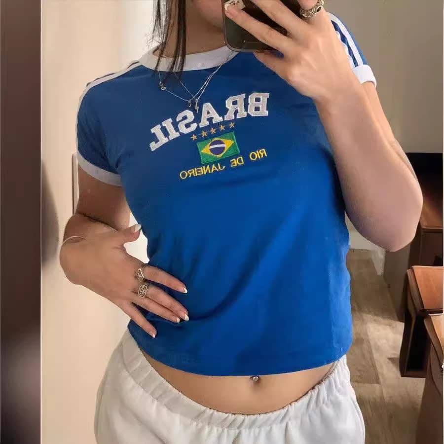 European and American Retro Aesthetic Green Summer T-Shirt with Embroidered Letter Pattern Short-Sleeved Crop Top Women's Tops