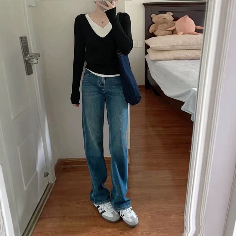 Retro narrow version wide-leg drape floor-length jeans for women 26 autumn new high-waist slim straight pants for small people