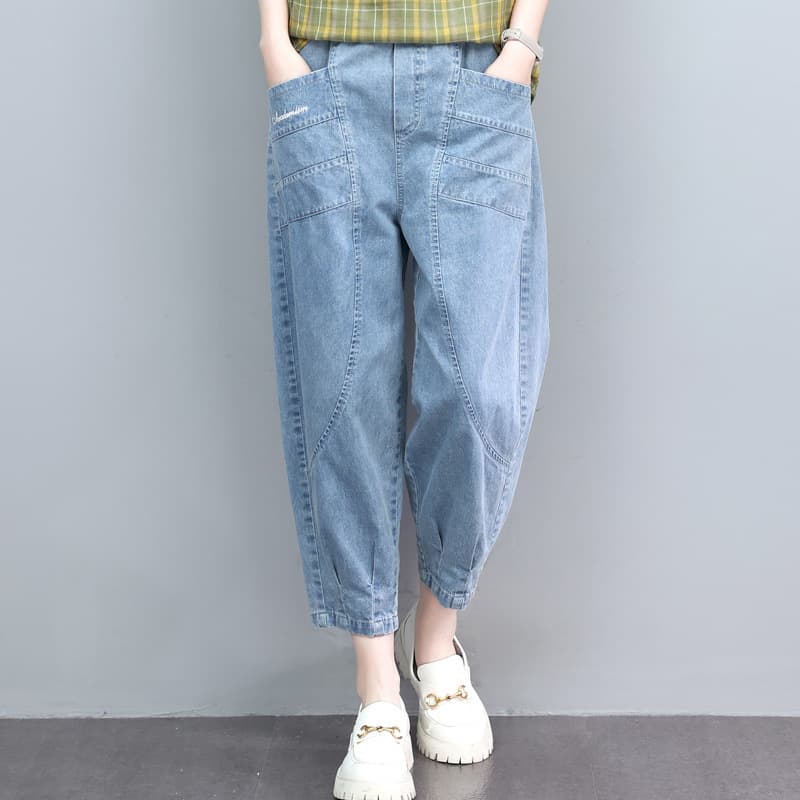 Spring and Summer Thin High-Waist Denim Capri Pants for Women, Loose Fit, Slimming, Plus Size, Versatile Embroidered Elastic Waist Harem Pants, Trendy