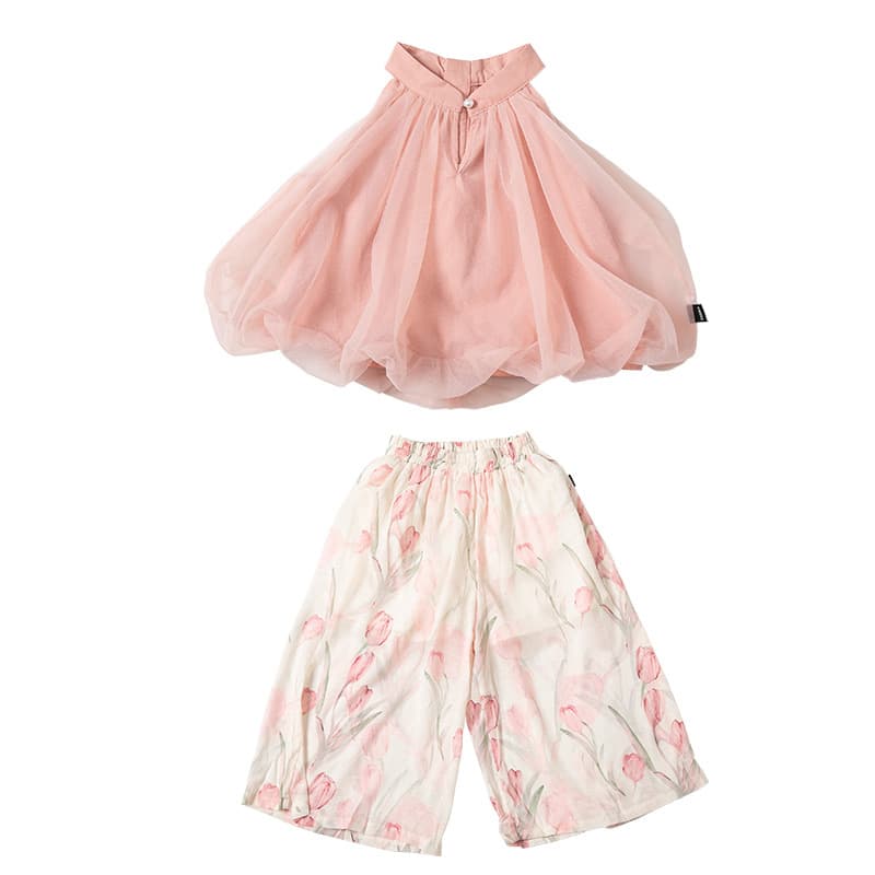 Girls' Chinese Style Summer Set, Baby Mesh Vest Top 2026 New Trendy Kids Thin Wide-Leg Pants