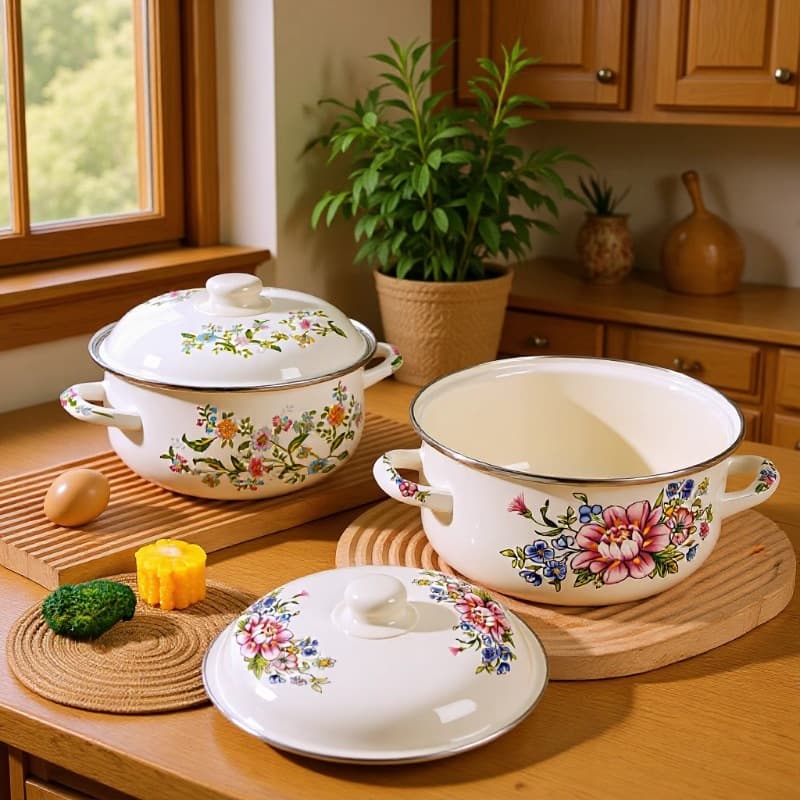 Enamel Double-Ear Soup Pot Vintage Enamel Casserole with Lid Lard Container Small Pot for Lard Storage