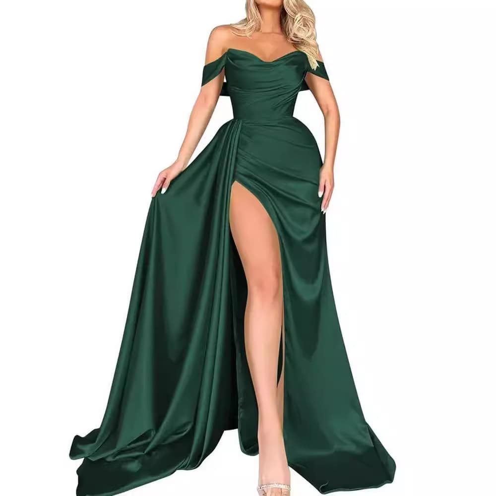 Elegant Green High-End Gown Sexy Off-Shoulder Side Slit Evening Dress For Fashionable European And American Audience