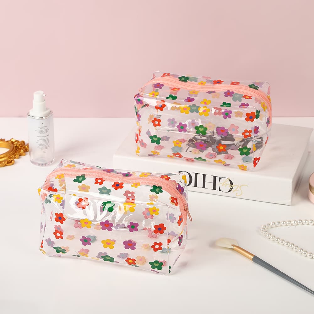 Ins style colorful floral makeup bag, PVC transparent large capacity cosmetics organizer, travel waterproof toiletry case