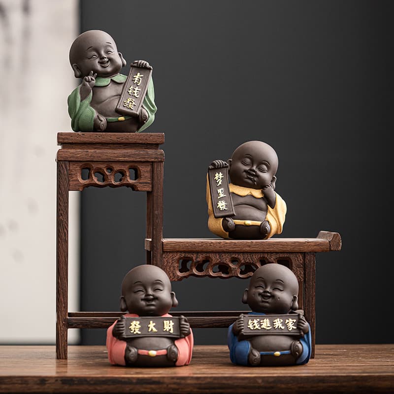 Creative Purple Clay Lucky Maitreya Buddha Tea Pet Ornament, Exquisite Handmade Cute Tea Art Home Decor Zen