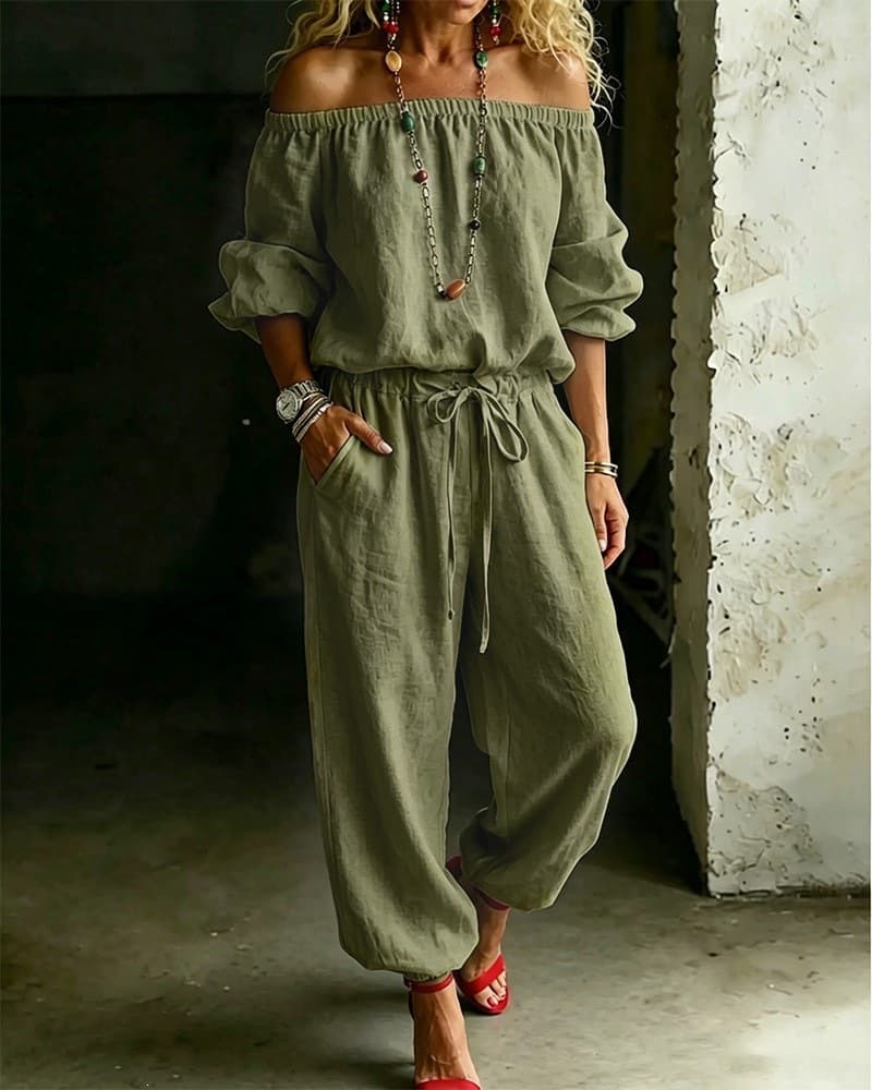 2026 New European and American Cross-border Amazon Off-Shoulder Top Women's Casual Drawstring Jogger Pants Two-Piece Set