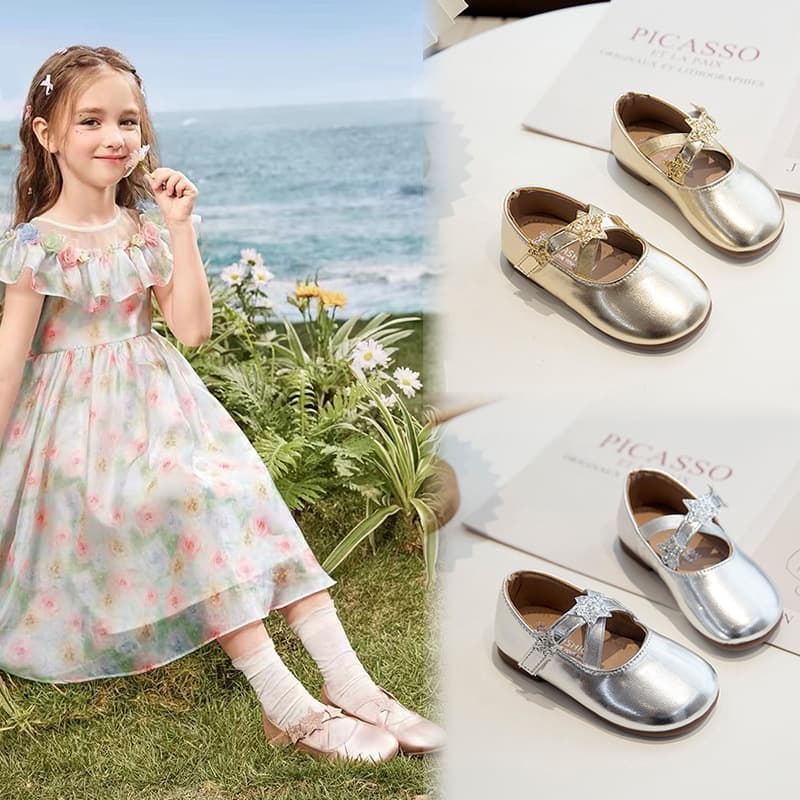 Sweet Rhinestone Girls' Leather Shoes, 2024 Spring/Autumn New Style, Soft Sole, Middle and Large Children's Mary Jane Silver Single Shoes, Princess Shoes