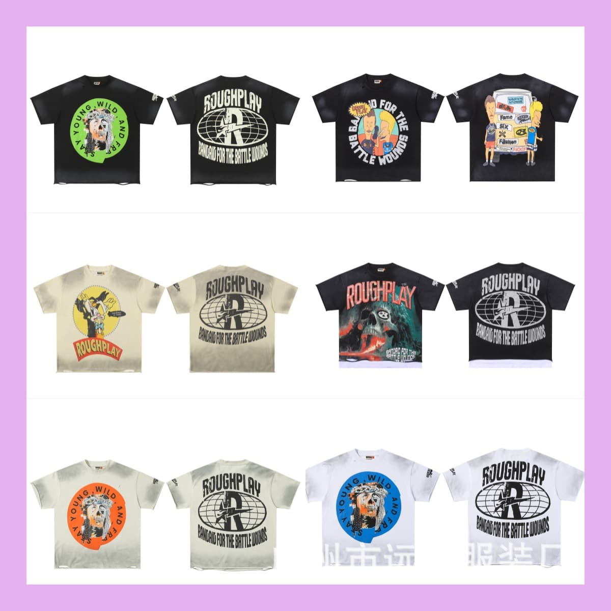 American Vintage Style ROUGHPLAY Jesus Two-Layer Short Sleeve Skull Rock Washed Distressed T-Shirt Summer