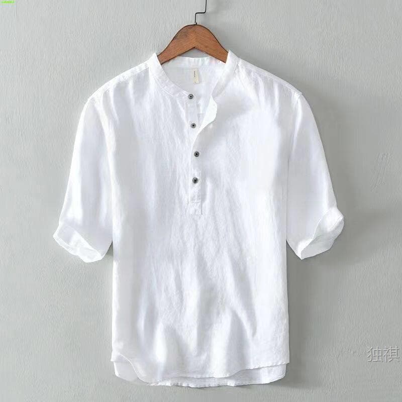 Chinese Style Spring Summer Loose High-End Men's Linen Short Sleeve Cotton Linen Casual Breathable 5-Point Sleeve Shirt Collar T-Shirt