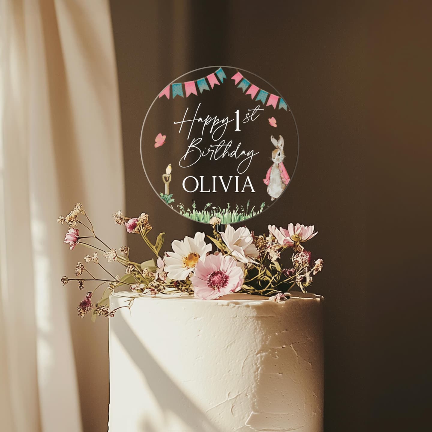 Custom Cross-border Ins-style Transparent Acrylic Cake Decoration Insert UV Printed Rabbit Cake Topper Customizable Text