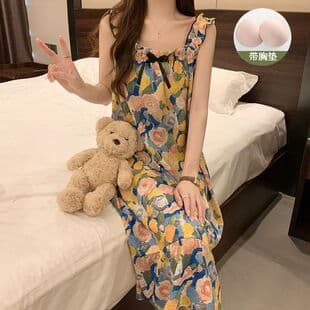 Export Cross-border Strap Sleep Dress Teen Summer Tank Top with Padded Bra Mid-Length Thin Sweet Homewear Wholesale